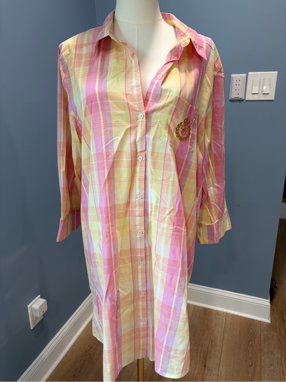 Chaps Ralph Lauren Pink Yellow Plaid Cotton Shirt Dress Embroidered Crest